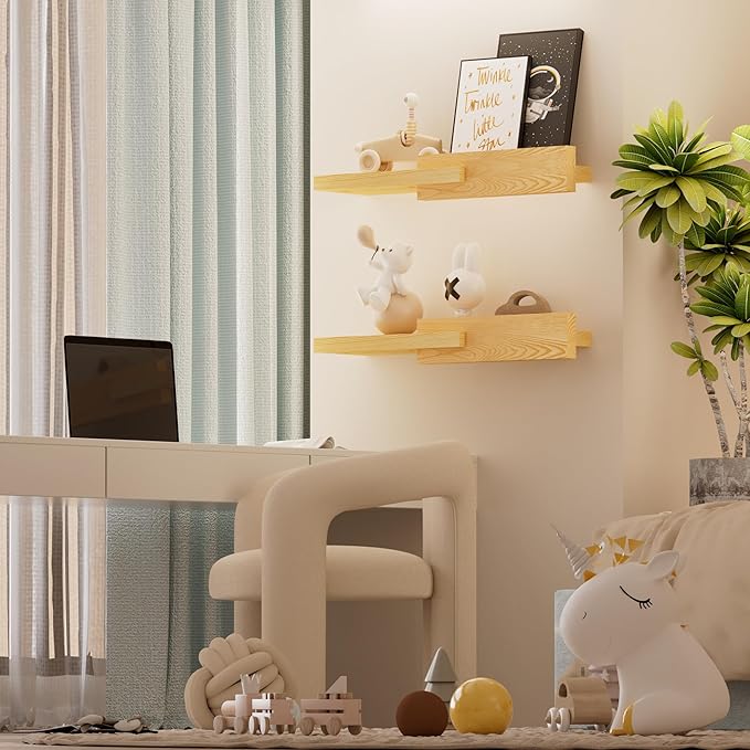 QsQueen Unique Modern Narrow Solid Wood Floating Shelf and Minimalist Wall Mounted Ledge for Bedroom, Living Room, Bathroom, Kitchen, Perfect for Frames, Plants, Candles, and Small Decor