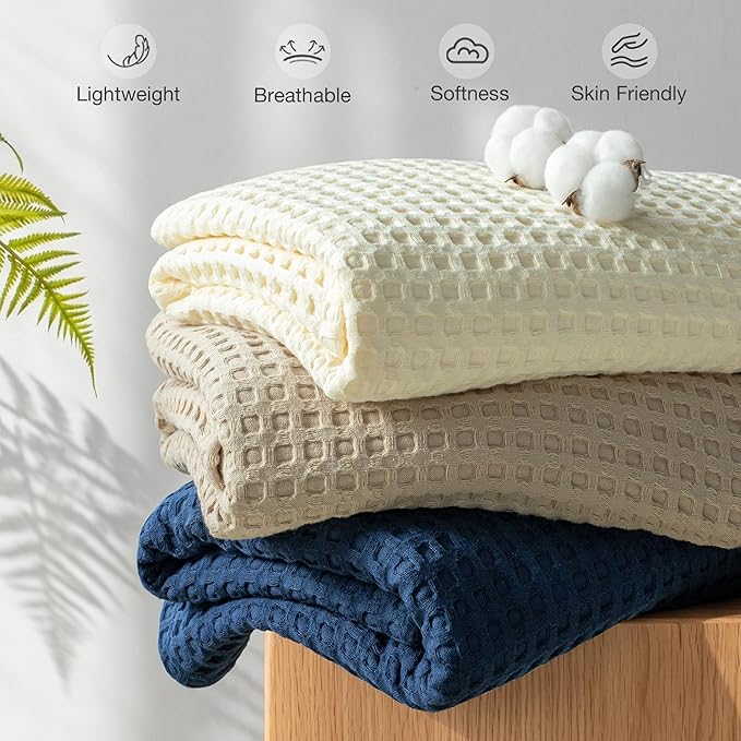 Exclusivo Mezcla Pre-Washed 100% Cotton Waffle Blanket Full Size for Bed, 330GSM Lightweight Breathable Summer Blankets, Soft and Cozy, Home Decor, Navy Blue, 80x90 Inches