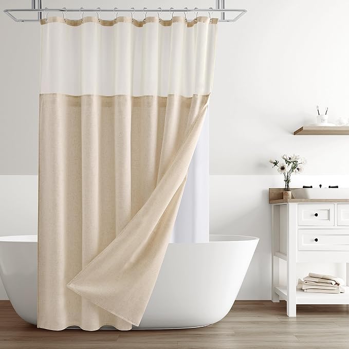 Naturoom Linen Shower Curtain 72 Inches Long for Bathroom with Snap in Liner Set Water Repellent Rustic Farmhouse Cloth Double Bath Curtains with See Through Top Ivory, 72x72