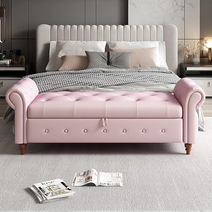 ODUWA 63 Inch Upholstered Tufted End of Bed Storage Bench with Arms,Larger Storage Space, End of Bed Bench for Bedroom Living Room Entryway (Pink-Velet)
