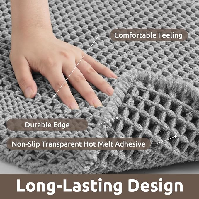 AMOAMI Waffle Bath-Mat, Absorbent Bath Mats for Bathroom Non Slip, Machine Washable Bathroom Rugs with Tassels Ultra Soft Boho Bath Rugs for Floor 2'x4'(24"x48") Grey