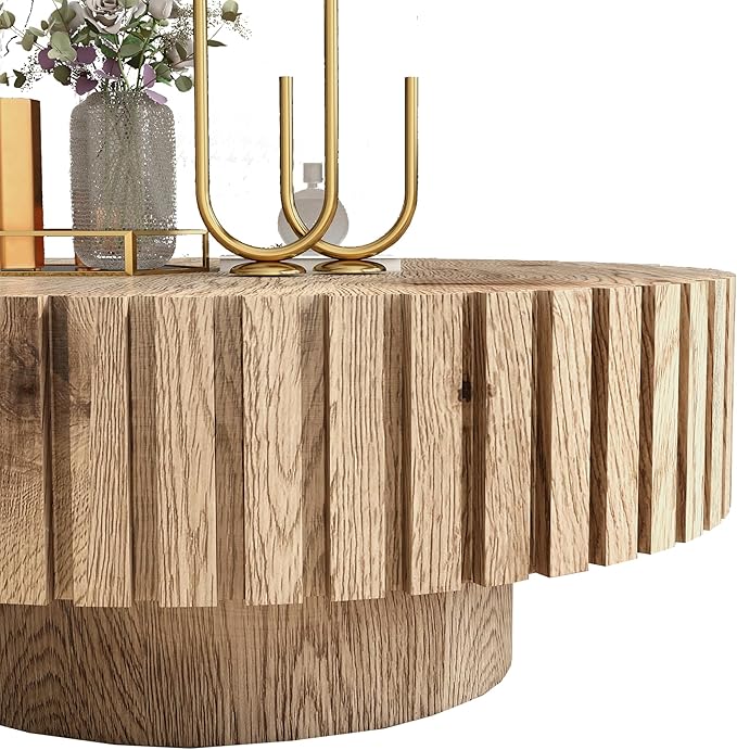 Circle Coffee Table 31.5" Rustic Round Wood Center Table Accent Drum End Tea Table for Living Room Apartment Small Space,with Fluted Relief Side, Natural