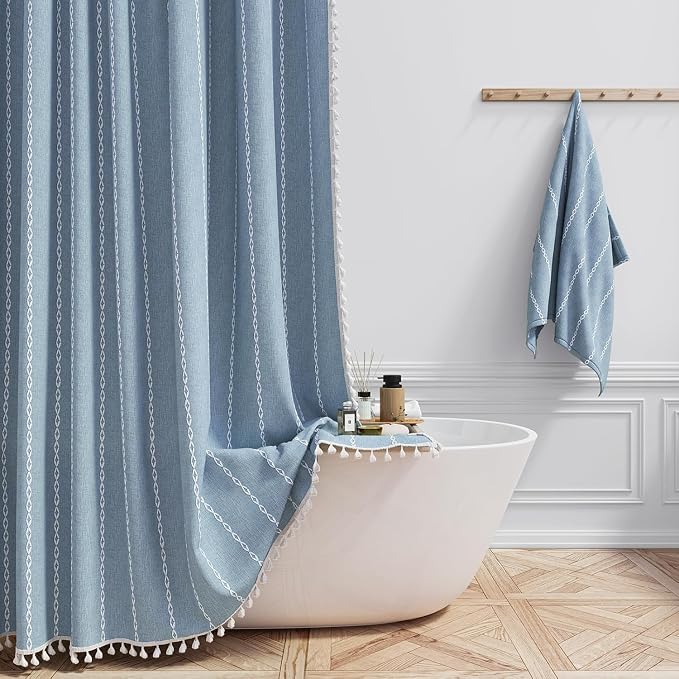 BTTN Stall Fabric Shower Curtain - 54x72 Inches Boho Linen Weighted Striped Shower Curtain Set with 10 Hooks, Narrow Rustic Modern Farmhouse Neutral Thick Shower Curtains for Bathroom - Blue
