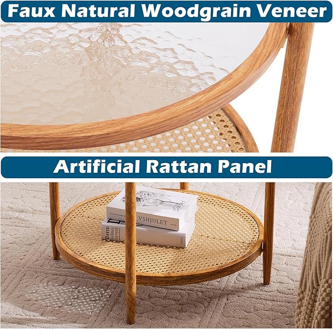 VINGLI 25.6" Rattan Coffee Table, Round Water-Wave Glass Metal Center Table, Modern Coffee Table with 2-Tier Storage, Farmhouse Circular Coffee Tables for Living Room and Small Space, Natural Vibe