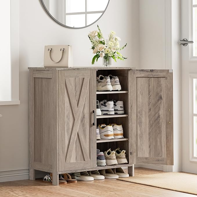 Homleke Farmhouse Shoe Cabinet with 2 Barn Doors & Wood Legs, 5-Tier Shoe Storage Cabinet with 3 Adjustable Shelves, Tall Shoe Rack Organizer for Closet, Shoe Organizer for Entryway, Hallway, Greige