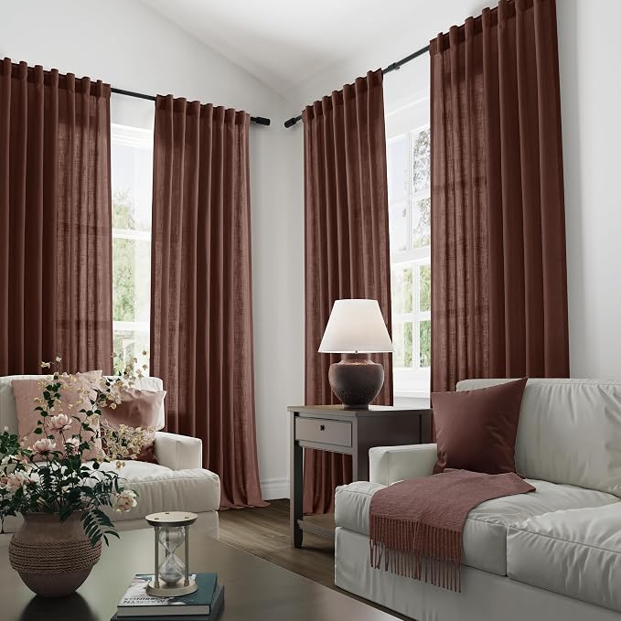 Joywell Rustic Brown Linen Curtains 96 Inches Length Light Filtering Neutral Farmhouse Boho Rod Pocket Back Tab Hook Belt Clip Rings Semi Sheer Window Drapes for Bedroom Living Room 2 Panels 52x96