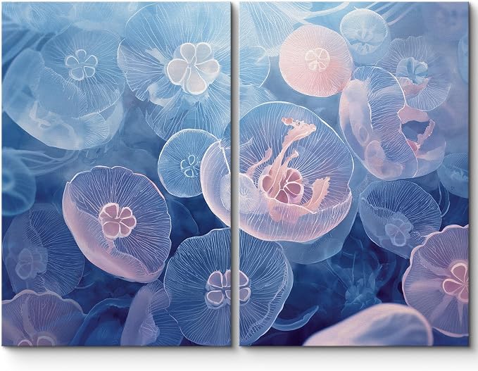 SIGNLEADER Canvas Print Wall Art Set Pastel Blue Jellyfish Ocean Coastal Marine Life Jellyfish Illustrations Modern Relax/Calm Multicolor for Living Room, Bedroom, Office - 16"x24" x 2