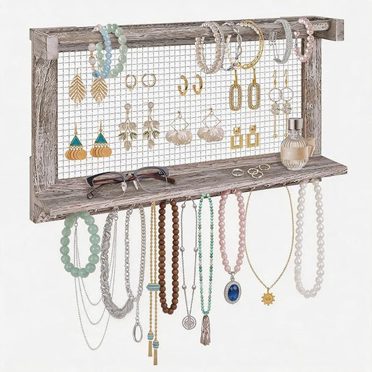 Jerry & Maggie Wall Mounted Jewelry Organizer, Wooden Necklace Holder Hanger with Hooks, Wall Jewelry Organizer Wall Mount for Necklace Display (1 Pack)