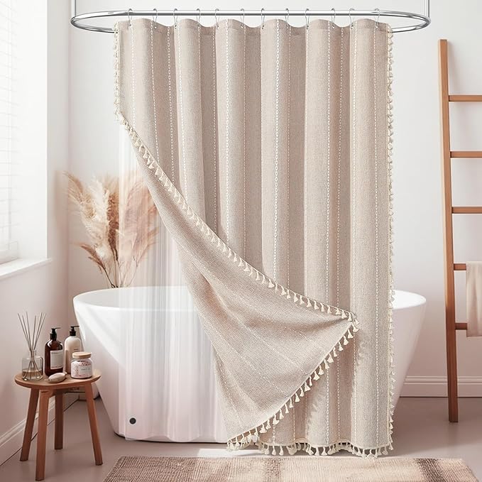 BTTN 3 in 1 Shower Curtain with Liner, 80 Inch Long Boho Linen Striped Cloth Shower Curtain Set with Hook, Large Modern Farmhouse Bohemian Waterproof Fabric Shower Curtain for Bathroom, Taupe, 72x80