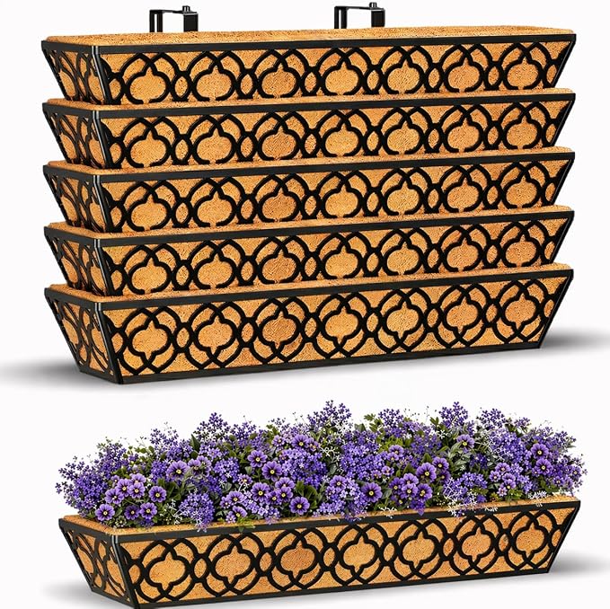 6 Pack 30 Inch Railing Planter Box with Coco Liner, Adjustable Metal Window Box Planter for Balcony Deck Fence, Hanging Flower Basket for Outdoor Garden, Black