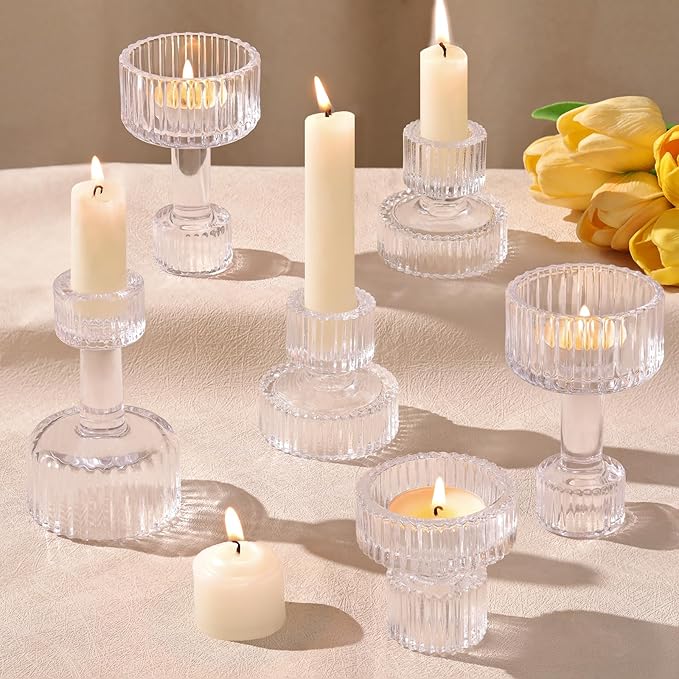 Lanttu Clear Glass Taper Candle Holders Set of 6 Candlestick Holders Bulk Combination Candle Holders Crystal Candle Holders for Wedding, Table Centerpiece, Home Decoration