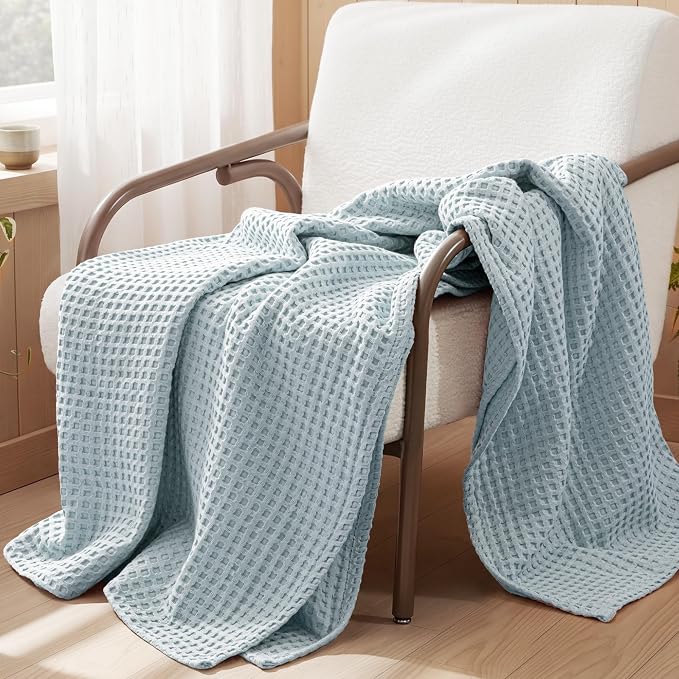 Exclusivo Mezcla Pre-Washed 100% Cotton Waffle Blanket Twin Size for Bed, 330GSM Lightweight Breathable Summer Blankets, Soft and Cozy, Home Decor, Ice Blue, 60x80 Inches