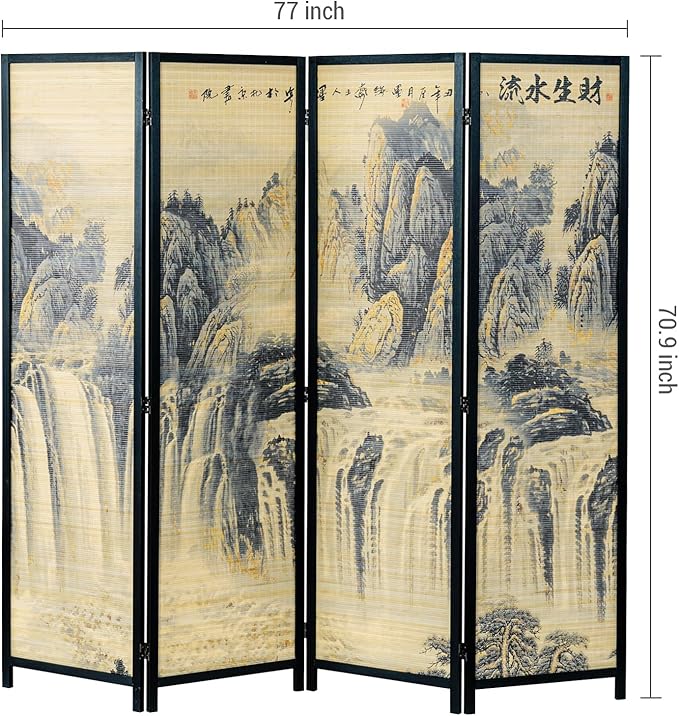 MyGift 4 Panel Folding Room Divider, 6FT Bamboo Privacy Screen with Black Wood Frame, Ancient Asian Mountain & Waterfall Landscape Print, and Brushed Prosperity Calligraphy Design 77''W x 70.9''H