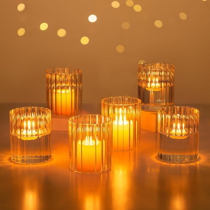 Glasseam Ribbed Glass Candle Holder: Set of 6 Clear Hurricane Candle Holder Cylinder Candle Holders for Pillar Candles Decorative Floating Candle Vases for Centerpieces Wedding Table Decoration 3.94’’