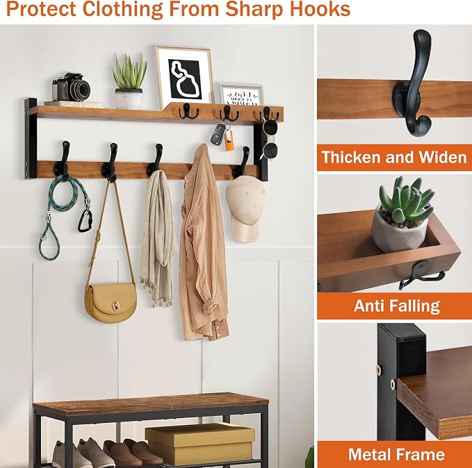 dreampossible 4 in 1 Coat Rack Wall Mount with Shelf, Coat Hooks 25.2" Entryway Coat Hanger with Key Hooks and Mail Holder, Wall Hooks with Shelf, Hat Rack for Wall Key Holder Mail Organizer