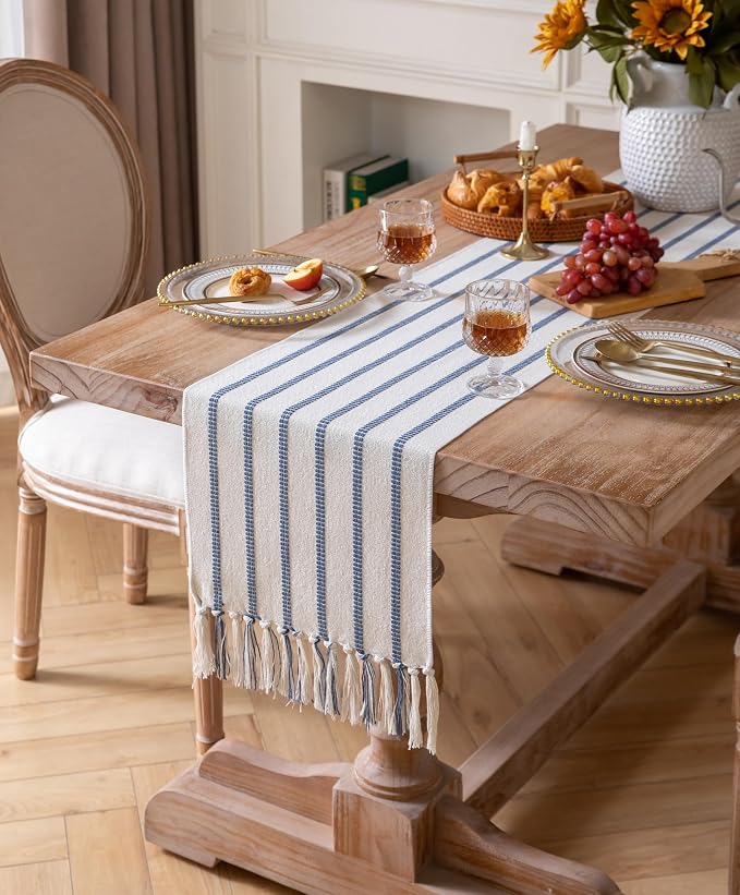 Caflife Boho Table Runner 90 Inchs Long Blue and Beige, Cotton and Linen Woven with Tassels, for Modern Rustic Farmhouse Neutral Table Runners, Bohemian Kitchen Dining Table Home Decor
