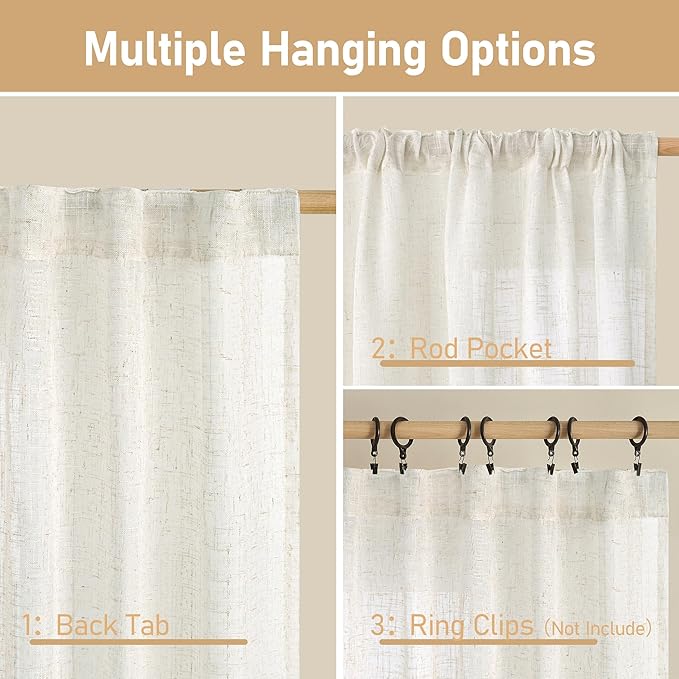 LAMIT Cream Semi Sheer Linen Curtains 60 Inch, Light Filtering Neutral Window Panels Farmhouse Boho Back Tab and Rod Pocket Drapes for Bedroom, 2 Panels, 52 x 60 Inch