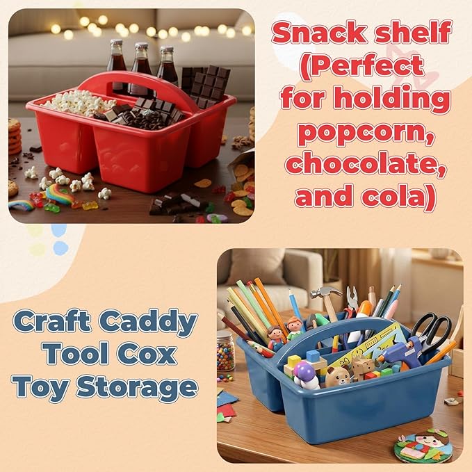 Kathfly 8 Pack Caddy Organizer with Handle, Stackable Organization Storage, Small Plastic Basket Classroom Caddy for Table Desk Office Pencil Kids Room Craft Art Teacher School Supplies (Blue Red)