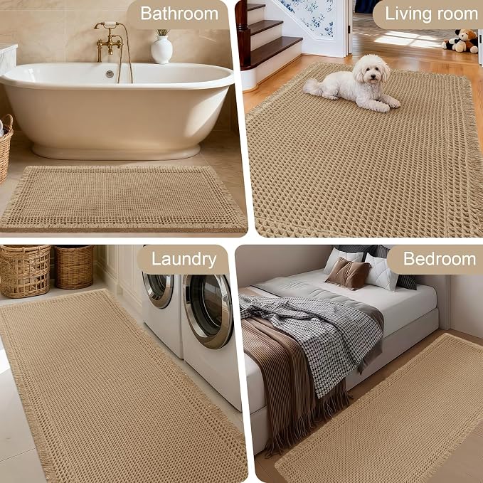 Upgraded Waffle Bath Mat Set 3 Piece Beige-Bordered, Super Absorbent Non-Slip Quick Dry Bathroom Rugs with Tassels, Machine Washable Ultra Soft Boho Bath Rugs for Floor, Bath Mats Boho Farmhouse Decor