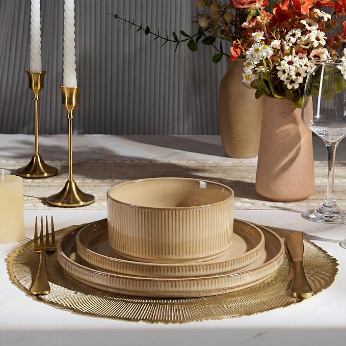 E-far Stoneware Dinnerware Sets for 2, 6-Piece Plates and Bowls Sets, Chip & Scratch Resistant Ribbed Dish Set for Home Restaurant, Microwave & Dishwasher Safe, Caramel Khaki