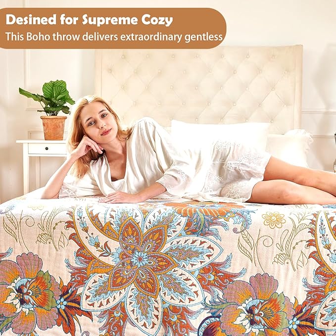 VANJOROY Boho Throw Blanket, 100% Organic Cotton Breathable Skin-Friendly Ultra Soft Bed Quilt Throw - All Season Floral Bird Farmhouse Décor Luxury Blanket for Sofa Couch Chair and Gift. 50" x 60"