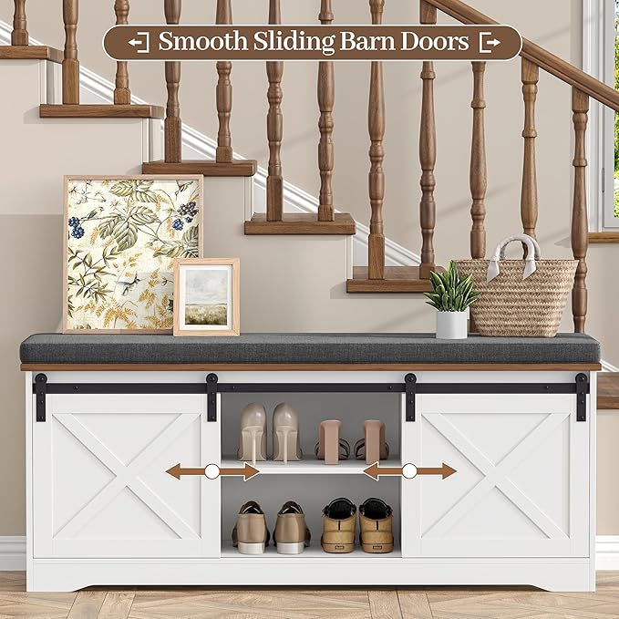 Farmhouse Storage Bench with Cushion, 47.2" Shoe Bench with Slide Barn Doors and Adjustable Shelves, Entryway Bench with Storage for Bedroom, Closet, Living Room, Hallway, White