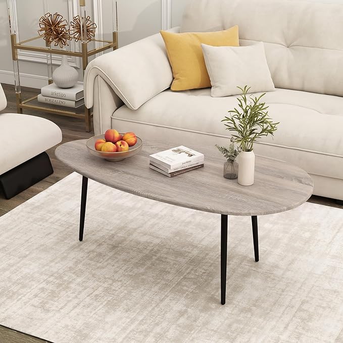 Giantex Oval Coffee Table, Mid Century Modern Center Table with Sturdy Metal Frame and Compact Design, Vintage Accent Cocktail Tea Table, Wood Living Room Tables for Small Spaces (Grey Oak)