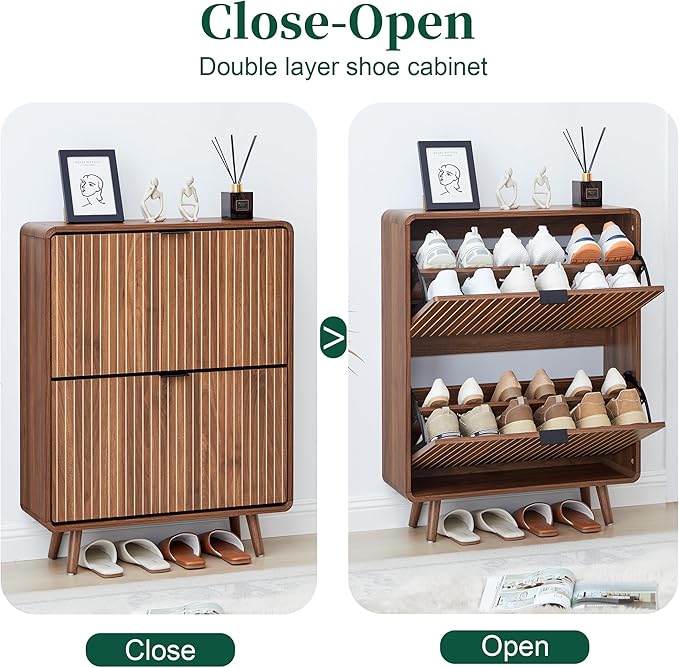 FurSch Fluted Shoe Cabinet Storage for Entryway,Slim Shoe Cabinet with 2 Flip Drawers, Narrow Shoes Rack Organizer (All Walnut, 2 Drawers)