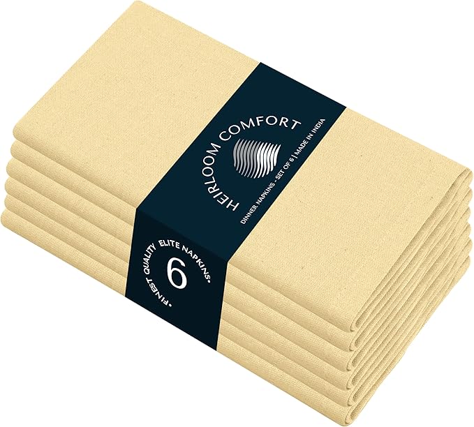 Light Yellow Cloth Dinner Napkins, 6 Pack, 100% Cotton, 17x17 Inches, Soft, Classic Farmhouse Style, Washable, Ideal for Easter Lunch, Weddings, Family Meals, Pale Yellow