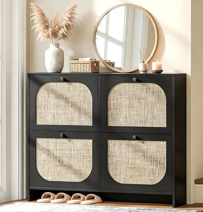 Nicetree Rattan Vintage Flip Shoe Cabinet for Entryway - Black 3-Tier Slim Shoe Storage Cabinet with Metal Handles - Boho Entryway Shoe Organizer for 28-36 Pairs - Fits Size 12 Boots, 9.5" Ultra Slim