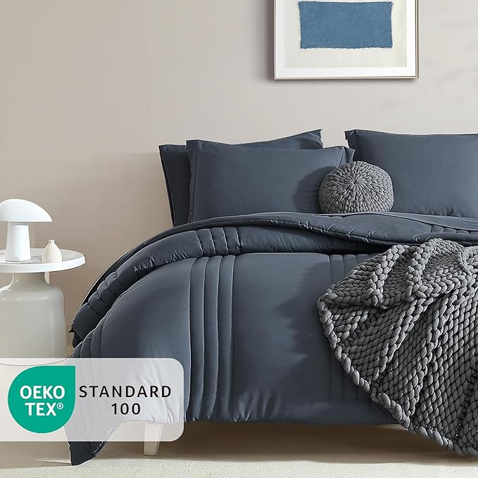 Monbix Twin XL Size Comforter Set - Extra Long 5 Pieces Dorm Bedding Sets, Quilting Design Fluffy Bed in a Bag Twin XL with Sheets, Pillowcase & Sham(Blue Grey)