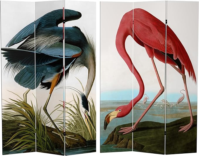 Red Lantern 6 ft. Tall Double Sided Audubon Heron & Flamingo Canvas Room Divider 3 Panel Freestanding Folding Privacy Screen, Partition, and Separator for Modern and Contemporary Bedroom, Home Office