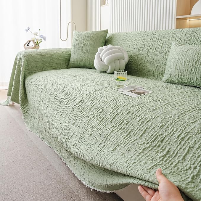 DREAMINGO Bubble Textured Cooling Sofa Cover, Ice Silk Breathable Couch Cover Blanket for Pet & Hot Sleepers, Washable Furniture Protector for 2 Cushion Couch, Sage Green, Large 71"x118"