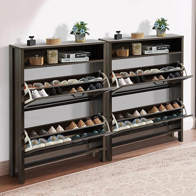 LOUVIXA Shoe Cabinet with 2 Flip Drawers, Narrow Shoe Storage Cabinet, Freestanding Shoe Cabinet Organizer, Hidden Shoe Rack Cabinet for Entryway, Hallway (2-Drawers, Brown/2-drawers)