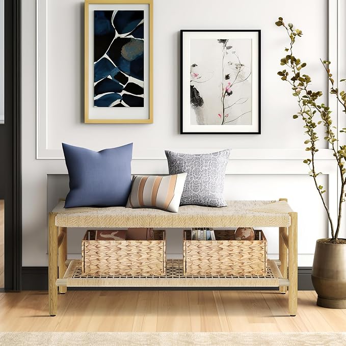 Recaceik Indoor Entryway Bench with Paper Cord Ottoman & Grid Storage Rack and 2 Baskets, Mid-Century Long Bench with Rubber Wood Legs, French Vanity End Bed Bench for Bedroom Living Room Channel
