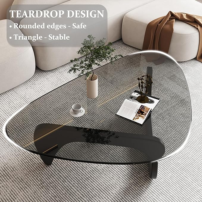 Glass Coffee Table for Living Room Mid Century Modern Coffee Tables Tempered Glass + Solid Wood Base Oval Small Center Table for Small Spaces Unique Triangle Coffee Table Abstract Cocktail Tables