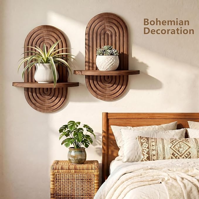 Heiple Set of 2 Boho Arched Floating Shelves 15.7”x 7.8”3D Wooden Hanging Shelf for Living Room Bedroom Nursery Mid Century Modern Wall Decor(Dark Brown, 11.7 * 15.7)