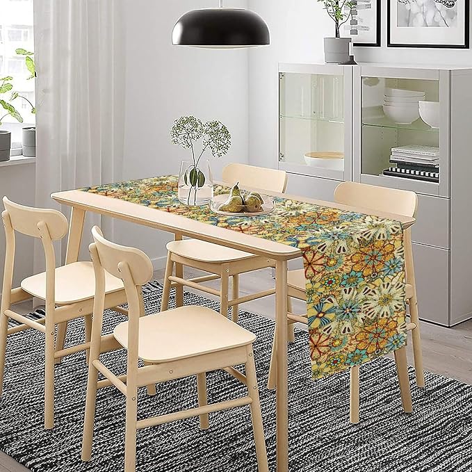 Mandala Floral Table Runner Retro Colorful Hippie Flowers Boho Art Tabler Decor for Bedroom Kitchen Living Room Dining Party Yellow Table Runner, 13x36 Inch