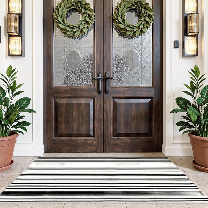 Outdoor Front Door Mat 3'x5', Black and White Cotton Hand Woven Striped Rug,Reversible Washable Front Porch Rug, Foldable Layered Doormat for Entryway/Home Entrance/Farmhouse