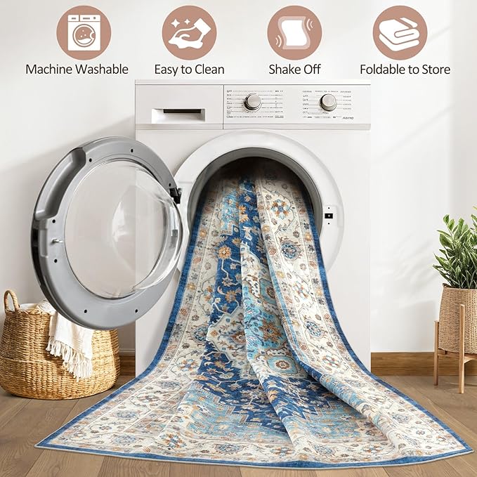 9x12 Area Rug Living Room: Washable Boho Large Neutral Vintage Soft Rugs Stain Resistant Farmhouse Non-Slip Indoor Floor Retro Carpet for Bedroom Nursery Kids Office Dining Room- Navy Beige
