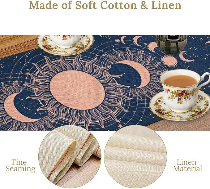 Moon Sun Table Runner, Mystical Blue Space Galaxy Moon Phase Boho Astrology Table Decoration Runner for Kitchen Dining Party Wedding Picnic, 13x120 Inch