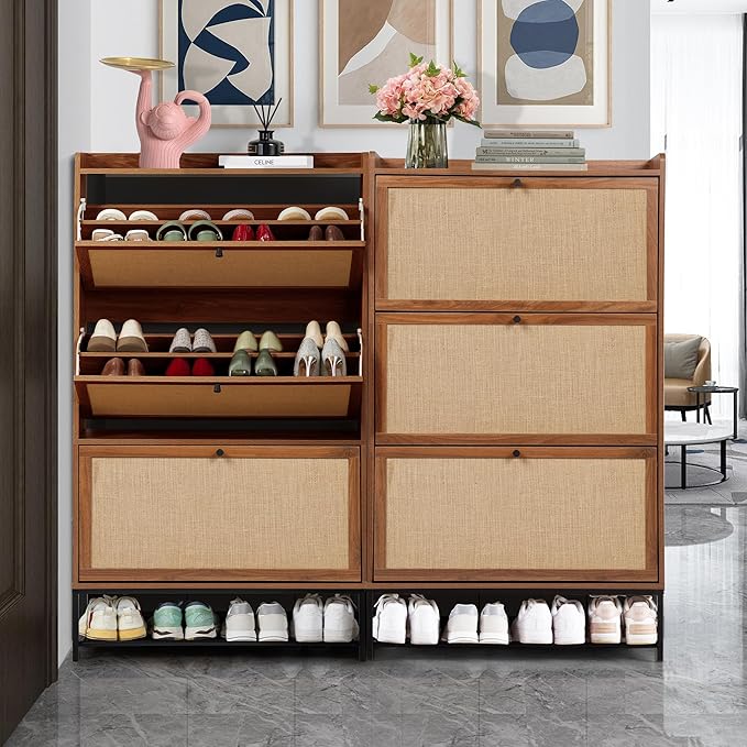 Shoe Cabinet Storage for Entryway, Narrow Shoe Cabinet with 3 Filp Drawers, Wood Freestanding Shoe Organizer Cabinet with Metal Legs, Hidden Storage Behind Door for Hallway, Living Room (Walnut)