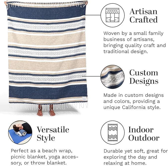 Mexican Blanket by Laguna Beach Textile Co - Beach, Yoga, Camping, or Decorative Throw Blanket - Traditional Handmade Serape (Slate & Sand)