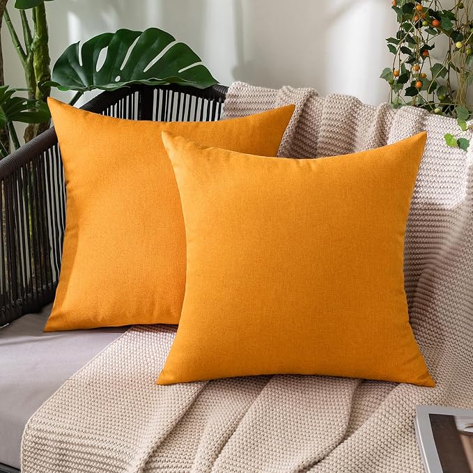 MIULEE Pack of 2 Decorative Outdoor Solid Waterproof Throw Pillow Covers Faux Linen Garden Farmhouse Cushion Cases for Summer Patio Tent Balcony Couch Sofa 20x20 Inch Pumpkin Orange