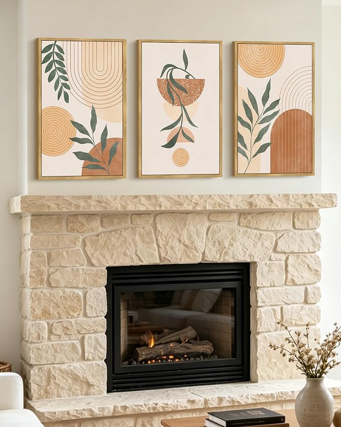 KUVIOKE Boho Wall Art Framed Botanical Mid Century Modern Wall Printing Neutral Abstract Geometric Prints Bohemain Sage Decor for Farmhouse Living Dining Room 16x24in (Natural Framed)