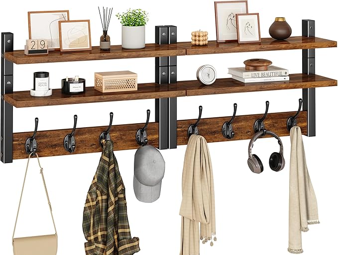 YMYNY Coat Rack Wall Mount with Shelf, Two-Tier Wall Shelf Mounted with 8 Hooks, Wooden Wall Coat Rack for Entryway, Bedroom for Hanging Clothes/Coats/Keys/Hats/Towels, Rustic Brown, HWS009H-2