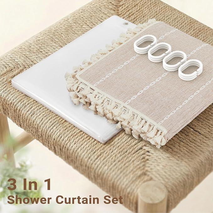 BTTN 3 in 1 Shower Curtain with Liner, 78 Inch Long Boho Linen Striped Cloth Shower Curtain Set with Hook, Farmhouse Bohemian Country Waterproof Fabric Shower Curtain for Bathroom, Tan/Taupe, 72x78