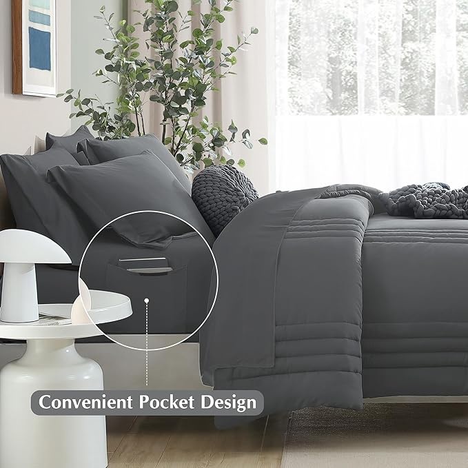 Monbix Full Size Comforter Sets - 7 Pieces Grey Bed in a Bag Full Size Bedding Sets with Comforters, All Seasons Comforter with Sheets, Pillowcases & Shams