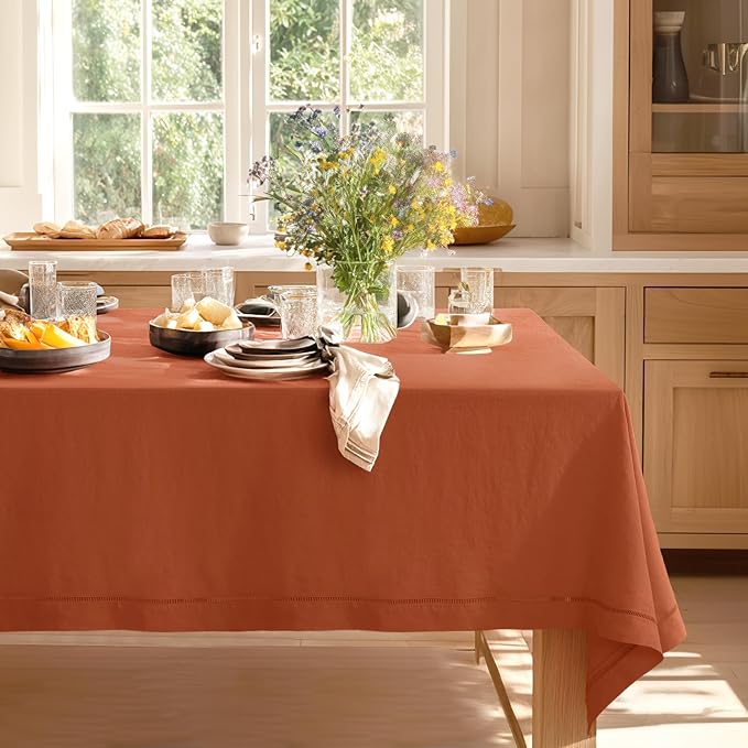 Linen World Fall Linen Tablecloth 55" x 55" Inch,French Linen Washable Rectangular Table Cloth for Dining,Outdoor, Weddings and Restaurants,Decorative Thanksgiving Christmas,Caramel Hemstitch
