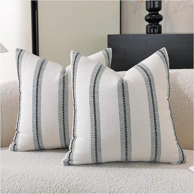 Cethom Boho Throw Pillow Covers 20x20 Set of 2, Beige and Black Striped Decorative Pillow Cases for Couch Chair Bed, Textured Farmhouse Accent Cushion Covers for Living Room Bedroom Sofa Home Decor